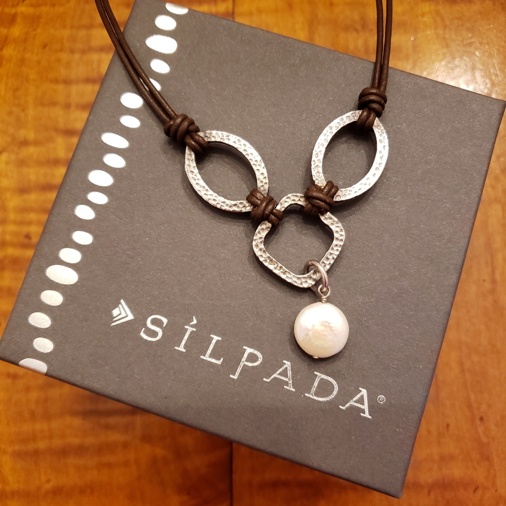 Silpada Leather, Pearl, Sterling Silver Necklace, 16-18 inches